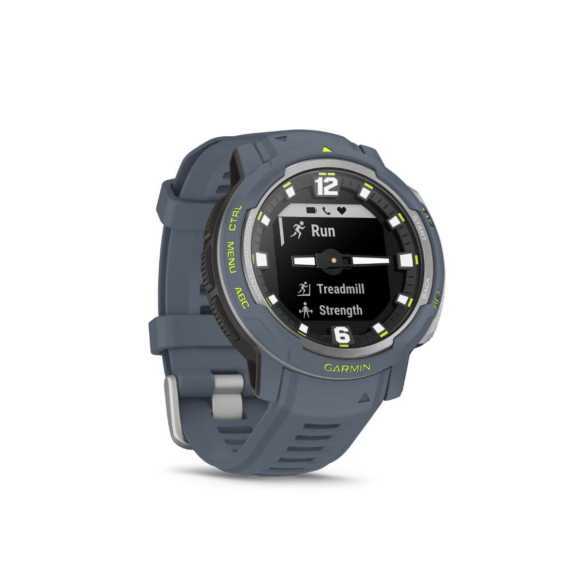 Garmin Instinct Crossover Standard Edition smartwatch in blue granite with rugged silicone strap and digital display