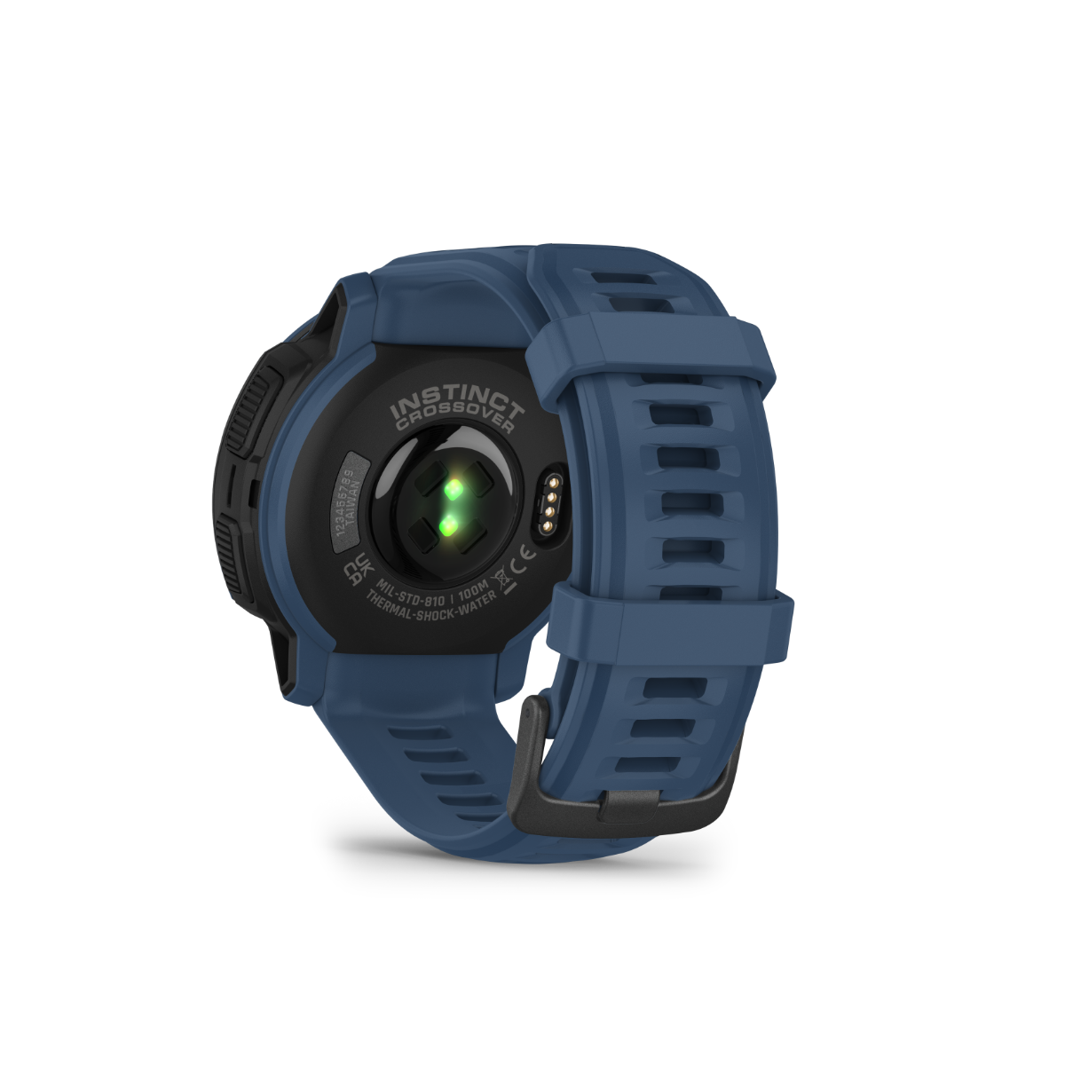 Garmin Instinct Crossover Solar smartwatch, tidal blue strap, back view with green heart-rate sensor
