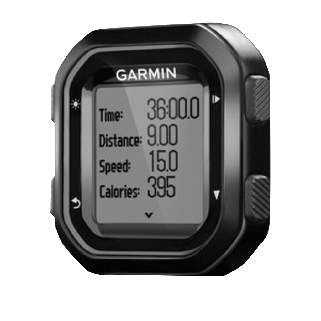 Garmin Edge 20 bike computer, black, grayscale display showing time, distance, speed, calories