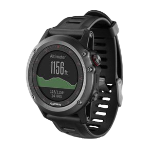 Garmin Fenix 3 gray smartwatch with black band; round metal bezel and altimeter on display.
