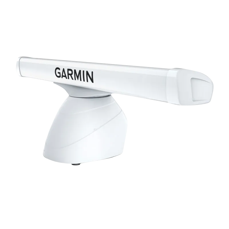 Garmin GMR Open Array radar antenna on white pedestal for marine use.