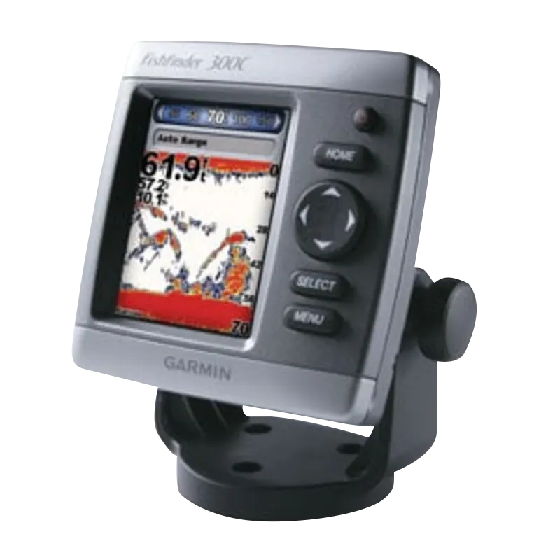 Garmin Fishfinder 300C marine chartplotter on swivel mount, silver-gray body with Garmin logo