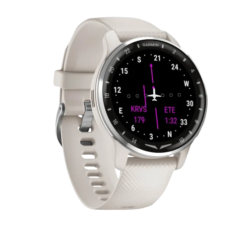 Garmin D2 Air X10 Aviator Smartwatch with cream-colored silicone band and round display