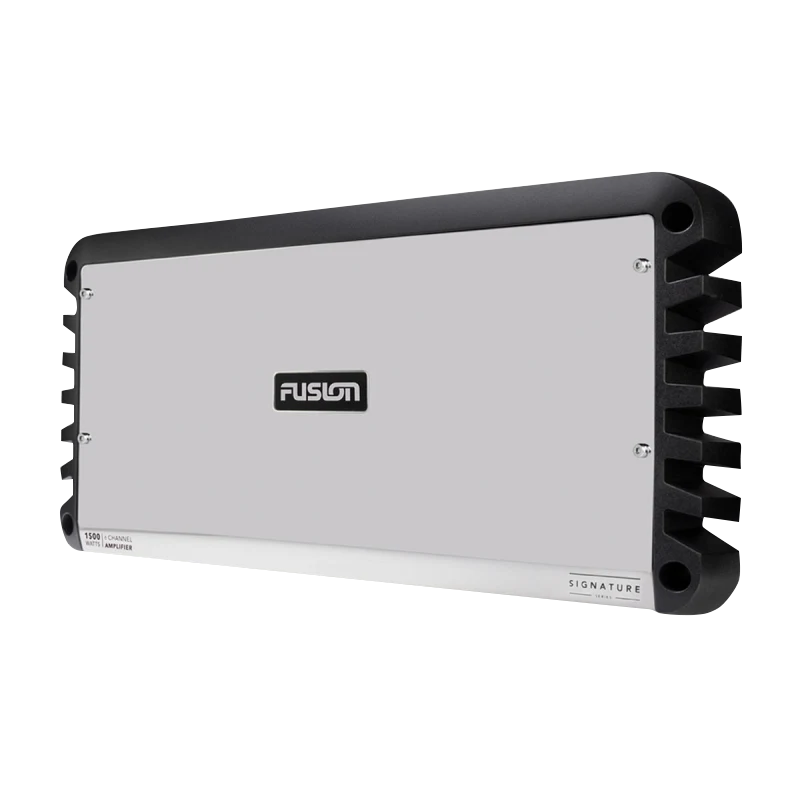 Garmin Fusion Signature Series 6-channel 1500-Watt marine amplifier with silver front panel and black heatsink fins