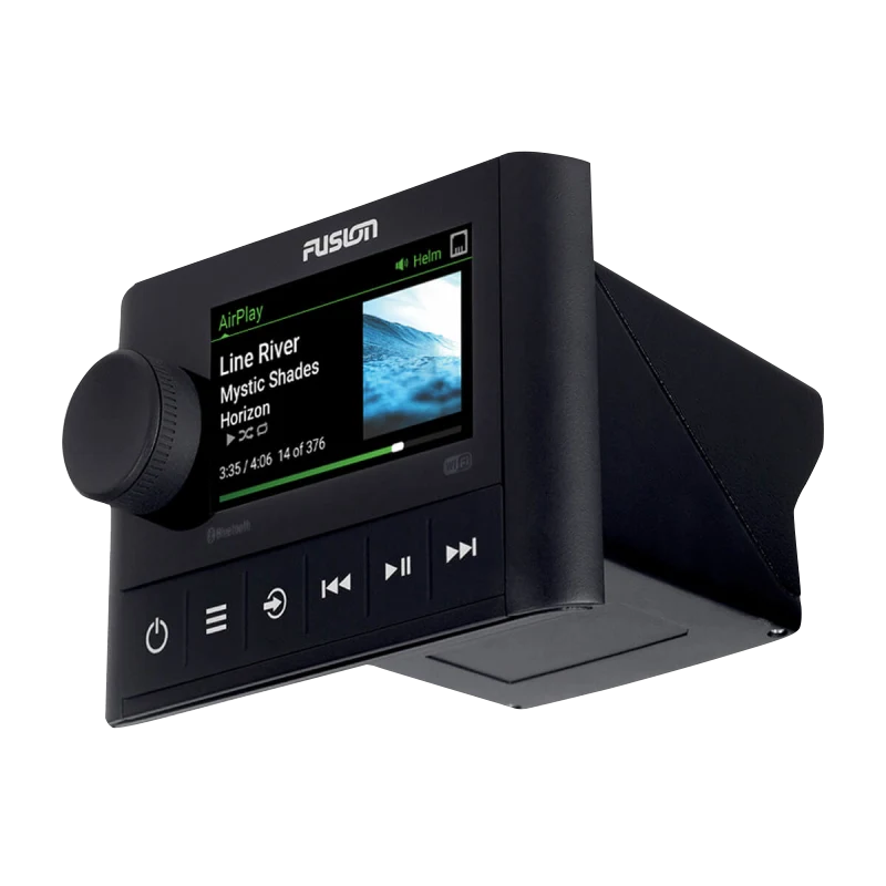Fusion Apollo MS-SRX400 marine zone stereo with black housing and front-panel controls