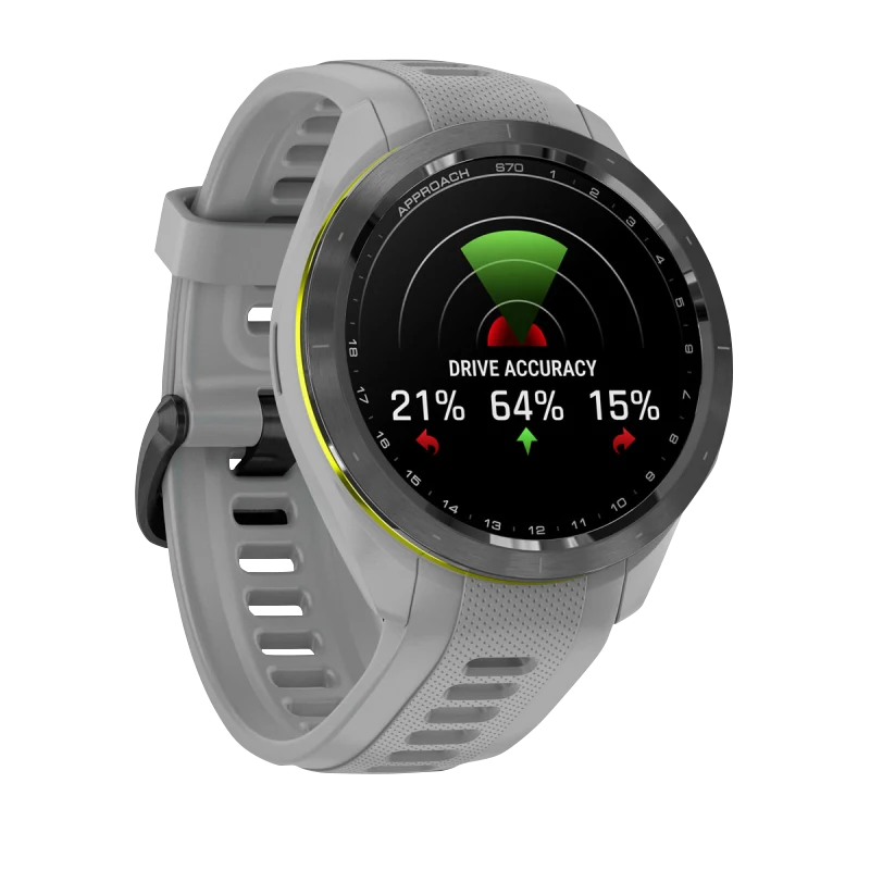 Garmin Approach S70 smartwatch, 42 mm, black/amp yellow ceramic bezel with powder gray silicone band