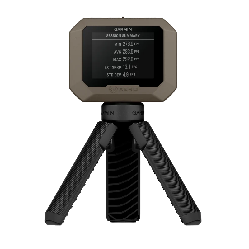 Garmin Xero C1 Pro firearm and archery chronograph, tan unit on a black tripod