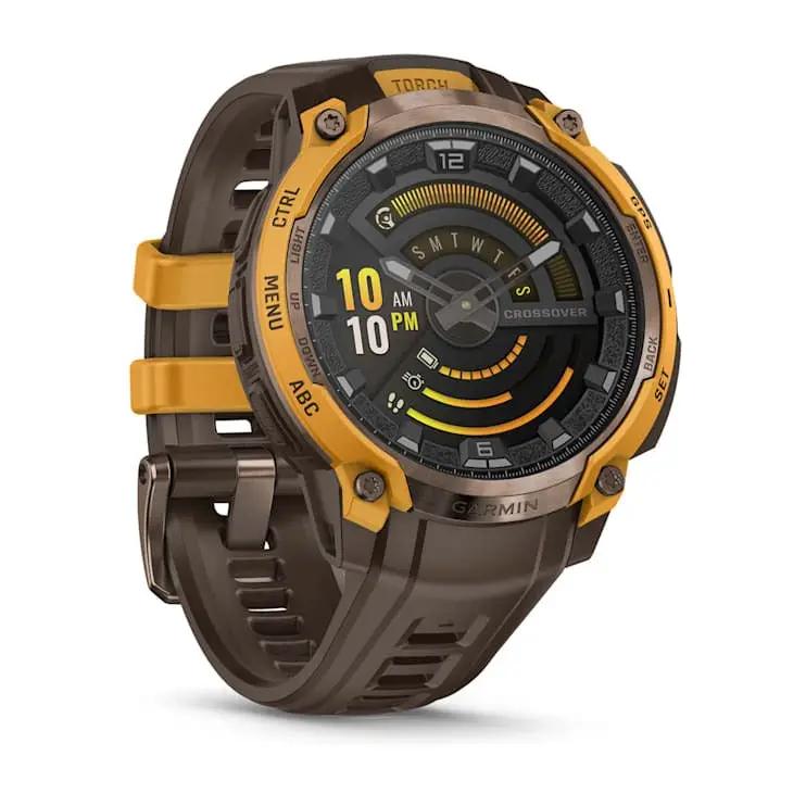 Garmin Instinct Crossover AMOLED smartwatch with orange bezel and brown strap