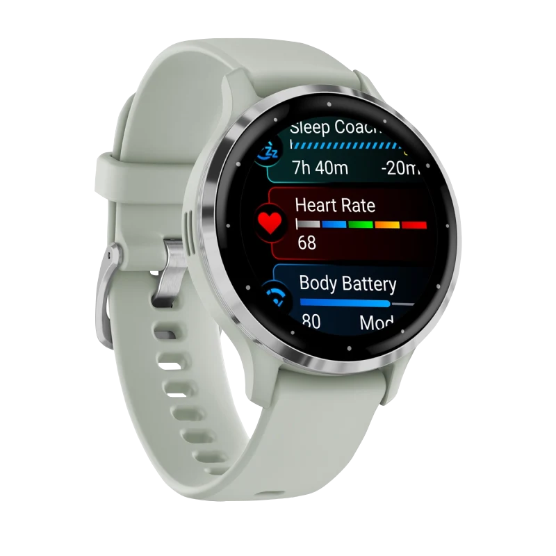 Garmin Venu 3S smartwatch, 41 mm silver stainless steel bezel with sage gray silicone band