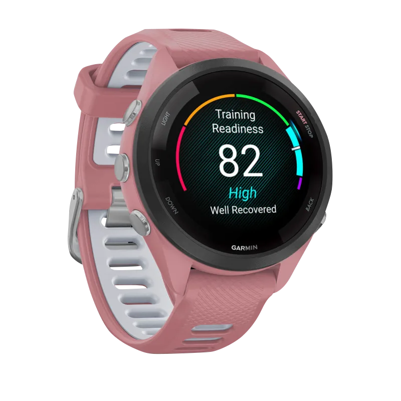 Garmin Forerunner 265S smartwatch with light pink case, pink/Whitestone silicone band and black bezel