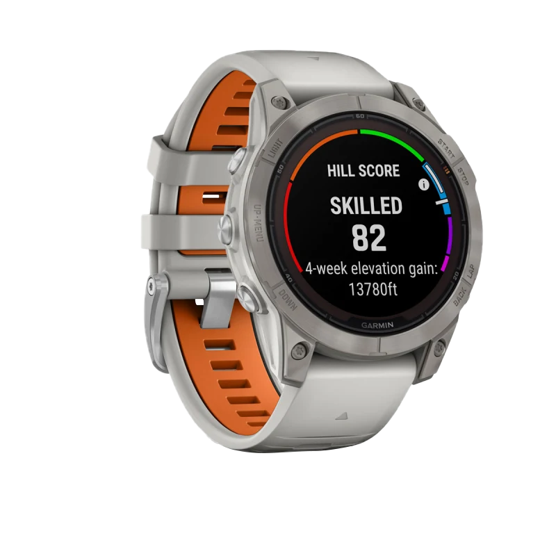 Garmin Fēnix 7 Pro Sapphire Solar smartwatch with titanium case and Fog Gray/Ember Orange band
