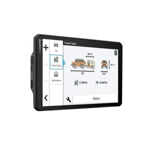 Garmin RV 895 8-inch RV GPS navigator, black device with travel trailer icons