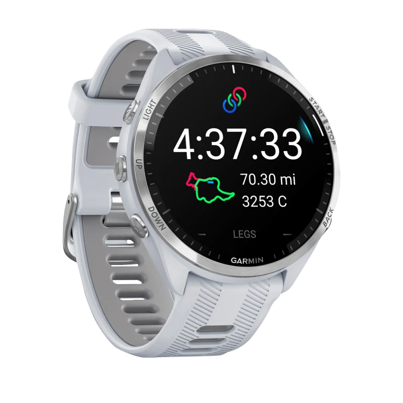 Garmin Forerunner 965 smartwatch with titanium bezel and Whitestone case with Whitestone/Powder Gray silicone band
