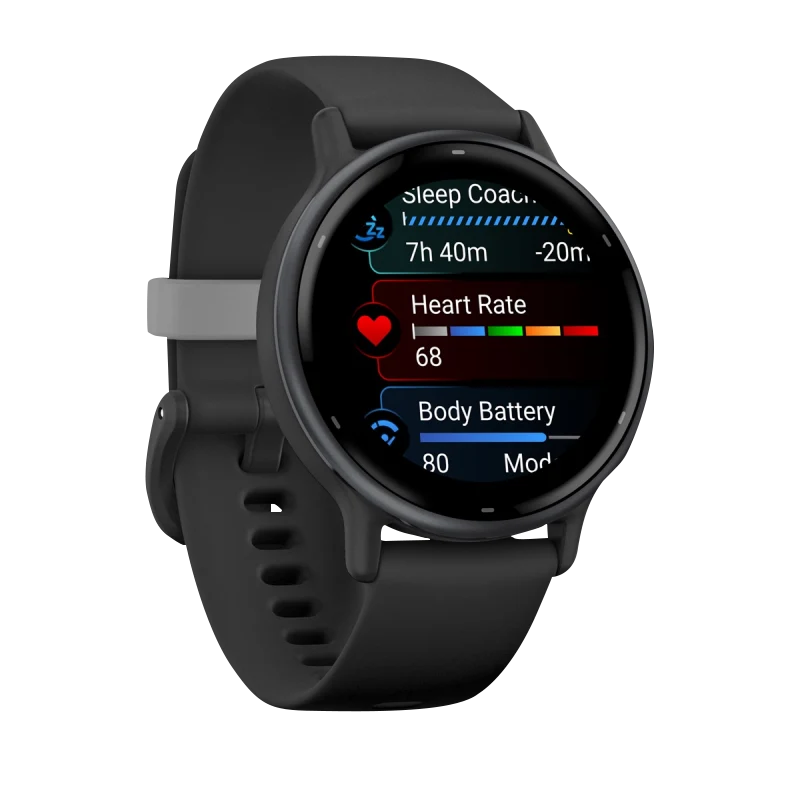 Garmin Vivoactive 5 smartwatch with slate aluminum bezel, black case and silicone band