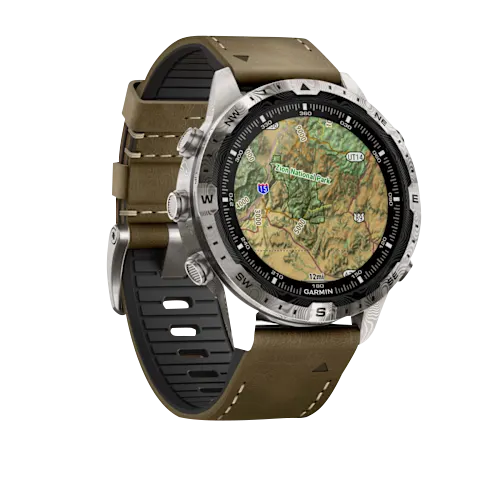 Garmin MARQ Adventurer Gen 2 Damascus Steel Edition smart watch with brown leather strap and map display