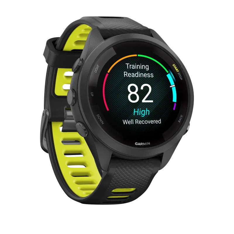 Garmin Forerunner 265S smart watch, 42mm black bezel with black/yellow band, Garmin Certified Refurbished