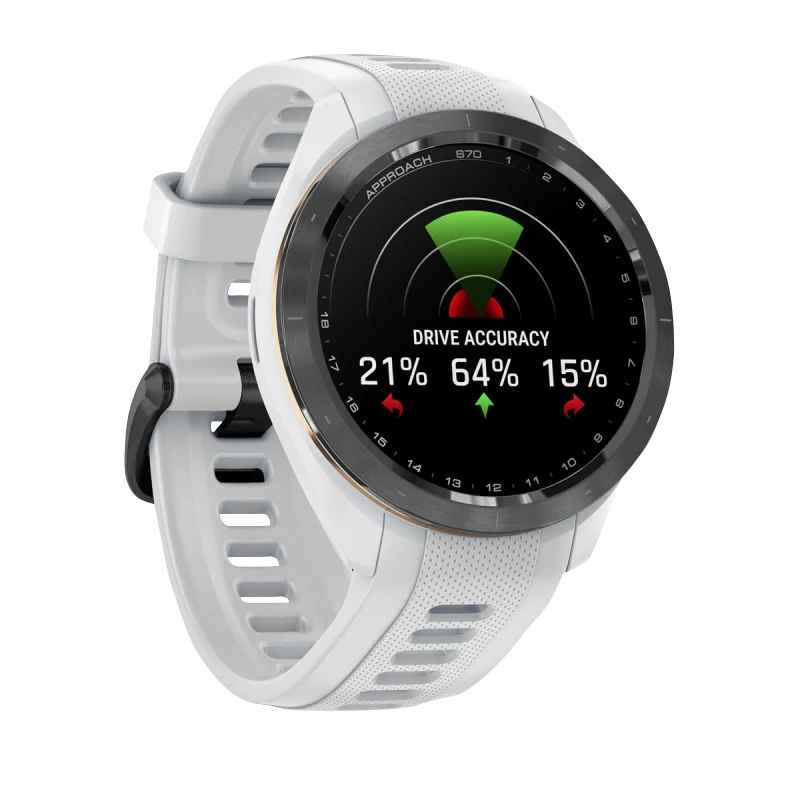 Garmin Approach S70 smartwatch, 42mm white silicone band with black/peach ceramic bezel