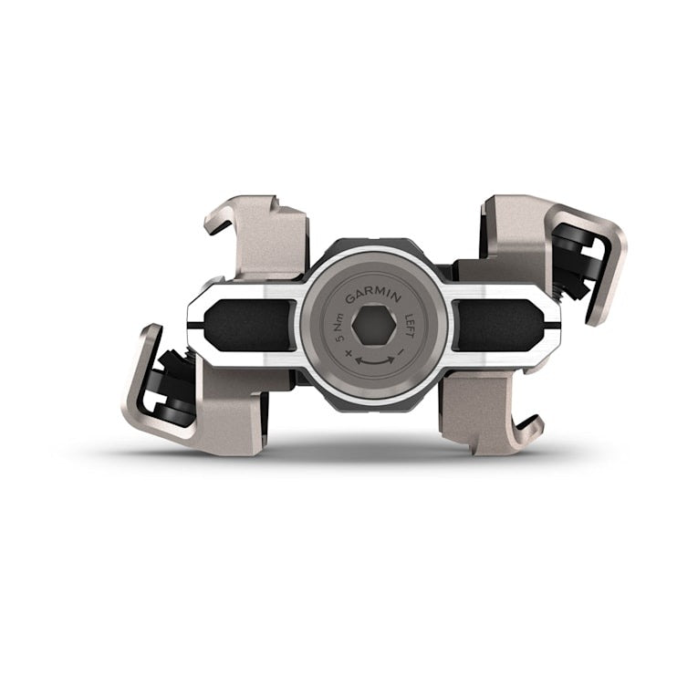 Garmin Rally XC110 single-sensing power meter pedal unit, metallic beige-gray with black accents.