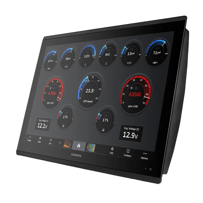 Garmin GPSMAP 8424 MFD marine chartplotter display with multiple gauges