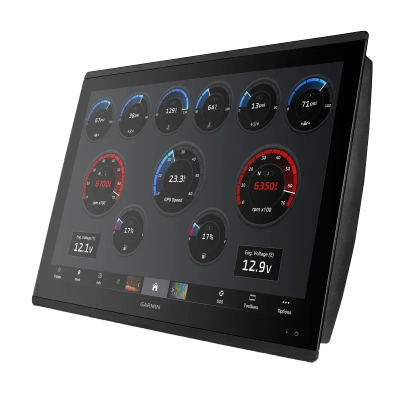 Garmin GPSMAP 8424 MFD marine chartplotter display with multiple gauges