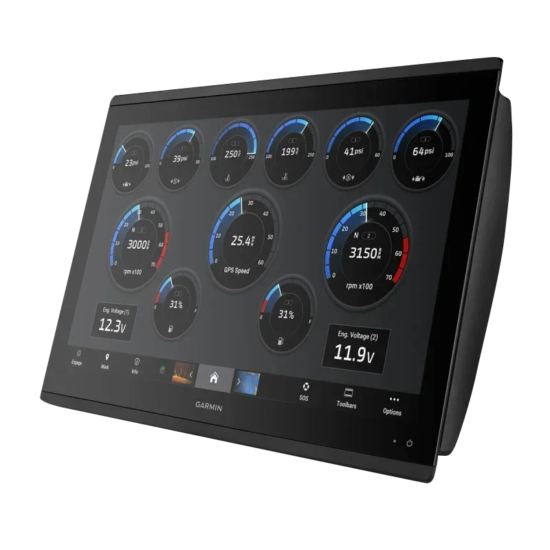 Garmin GPSMAP 8622 marine chartplotter with black bezel and multi-gauge touchscreen display