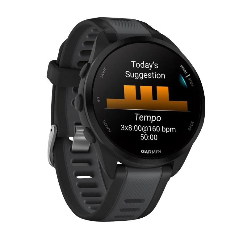 Garmin Forerunner 165 smartwatch in black and slate gray with round touchscreen