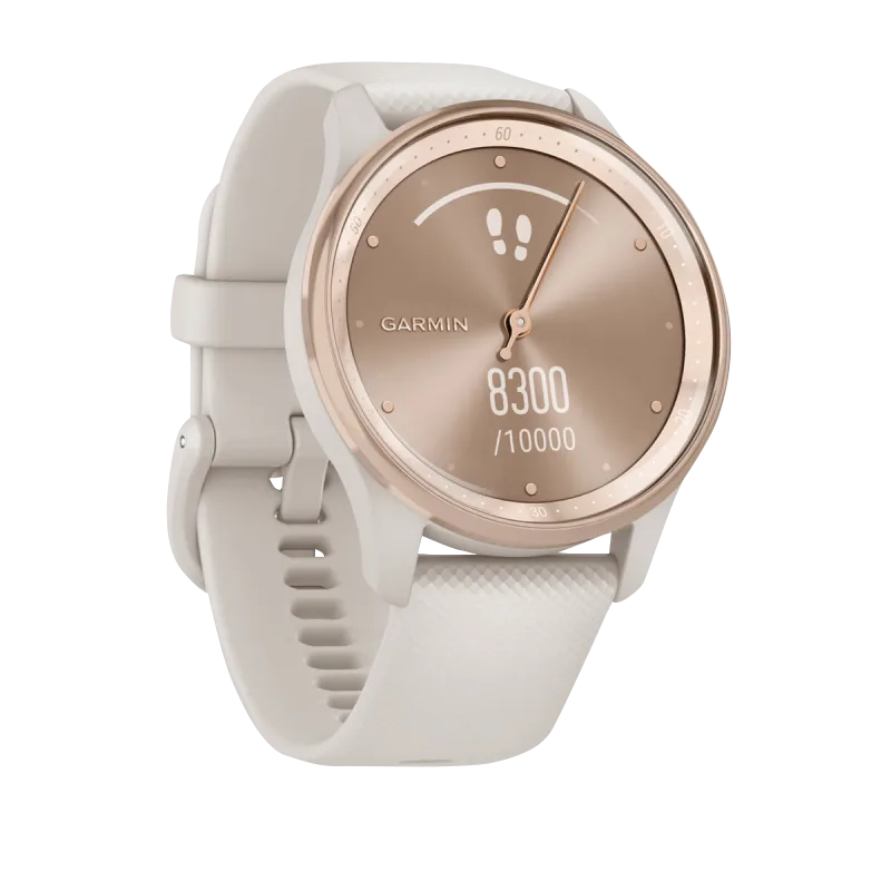 Garmin Vívomove Trend smartwatch in peach gold with rose-gold bezel and silicone band certified refurbished