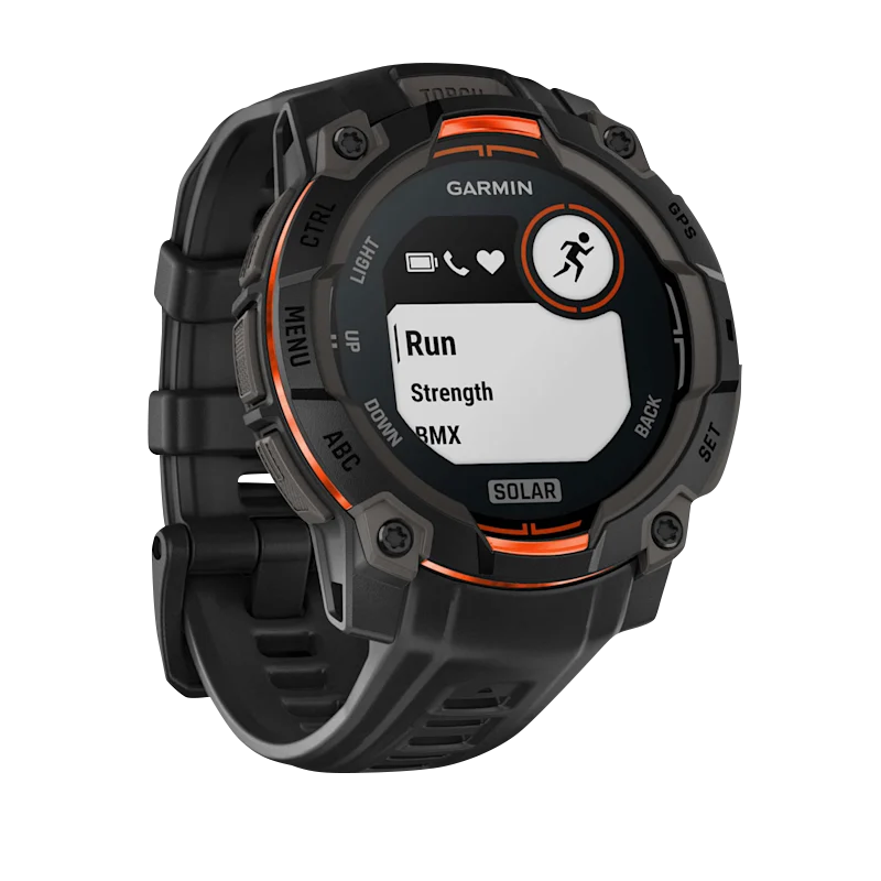 Garmin Instinct 3 Solar smartwatch, 45mm, black case with black band and orange bezel accents