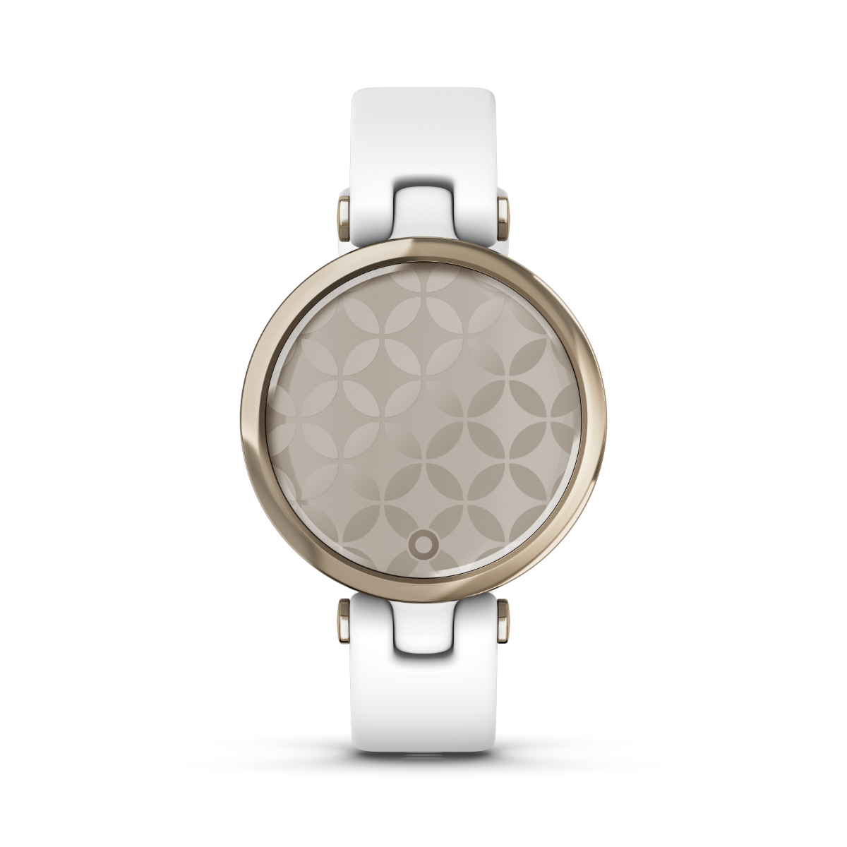 Garmin Lily Sport Edition smartwatch with cream gold bezel and white silicone band.