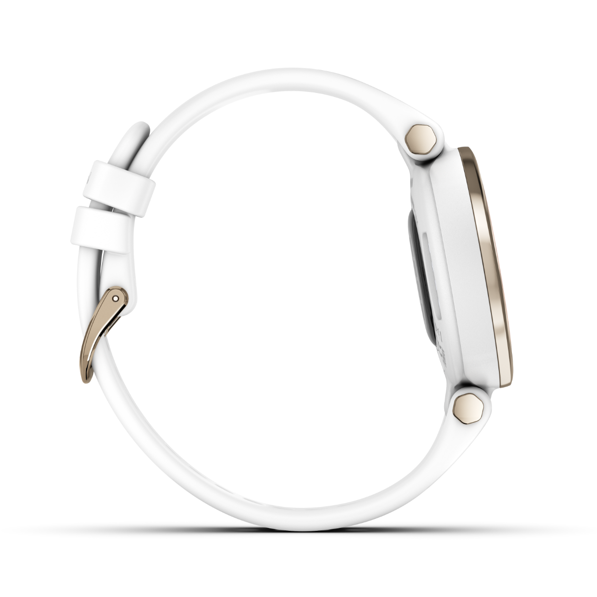 Garmin Lily Sport Edition smart watch, cream gold bezel, white case and silicone band