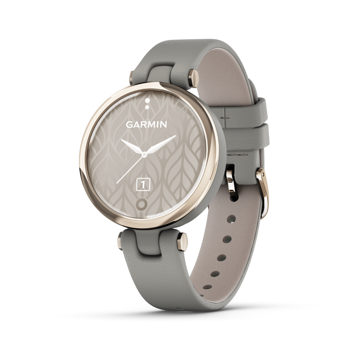 Garmin Lily Classic Edition smart watch with cream gold bezel, Braloba gray case, and Italian leather gray band