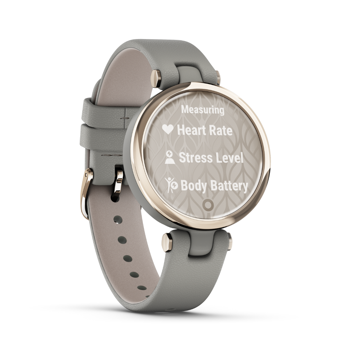 Garmin Lily Classic Edition smartwatch with cream-gold bezel and gray leather band