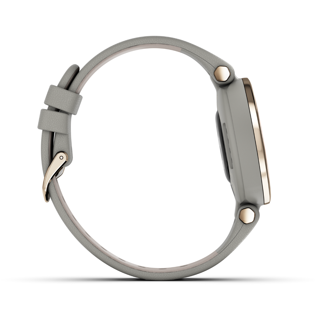 Garmin Lily Classic Edition smartwatch with cream gold bezel, gray Braloba case, and Italian leather band