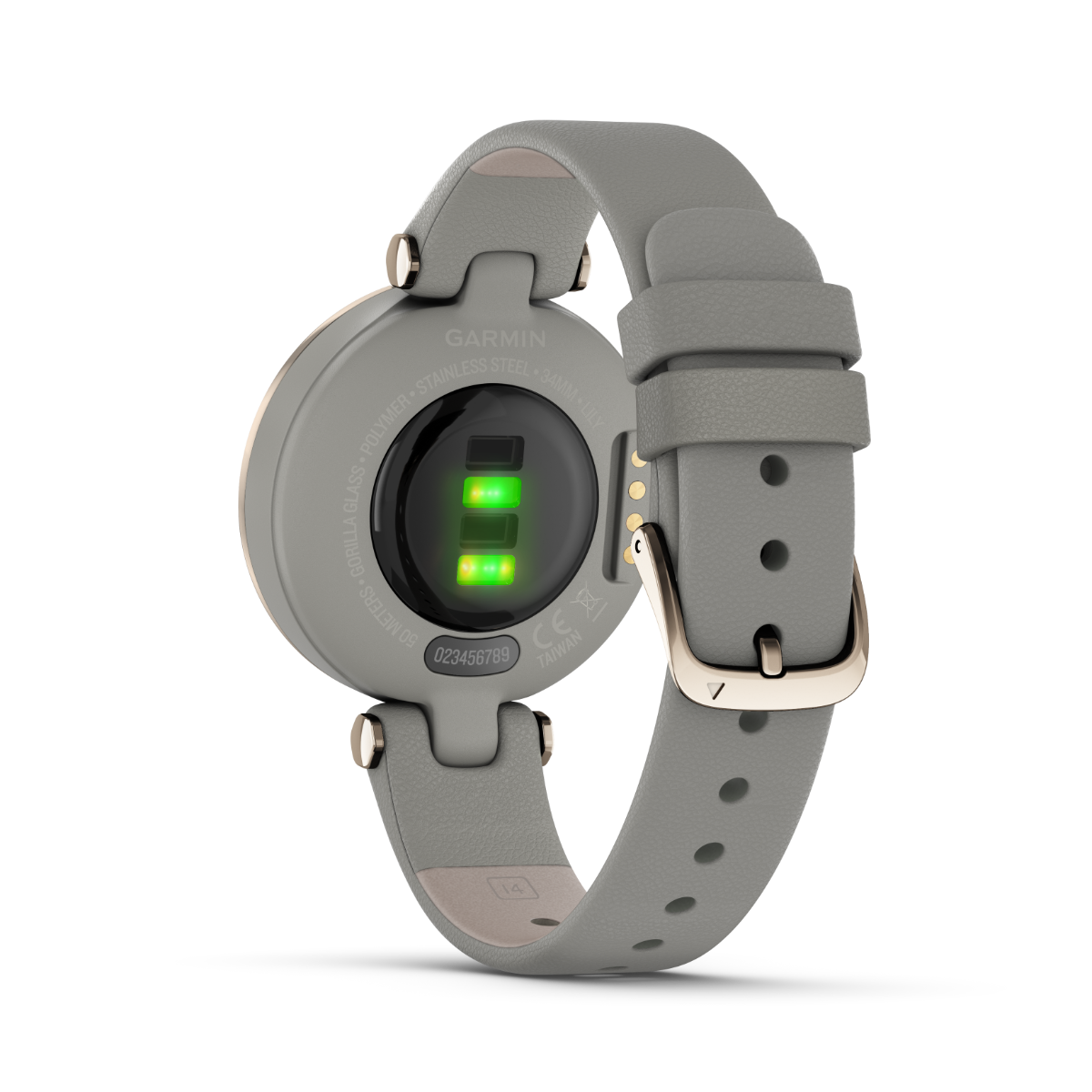 Garmin Lily Classic Edition smartwatch with gray Italian leather band and rose-gold bezel rear view with green sensor LEDs