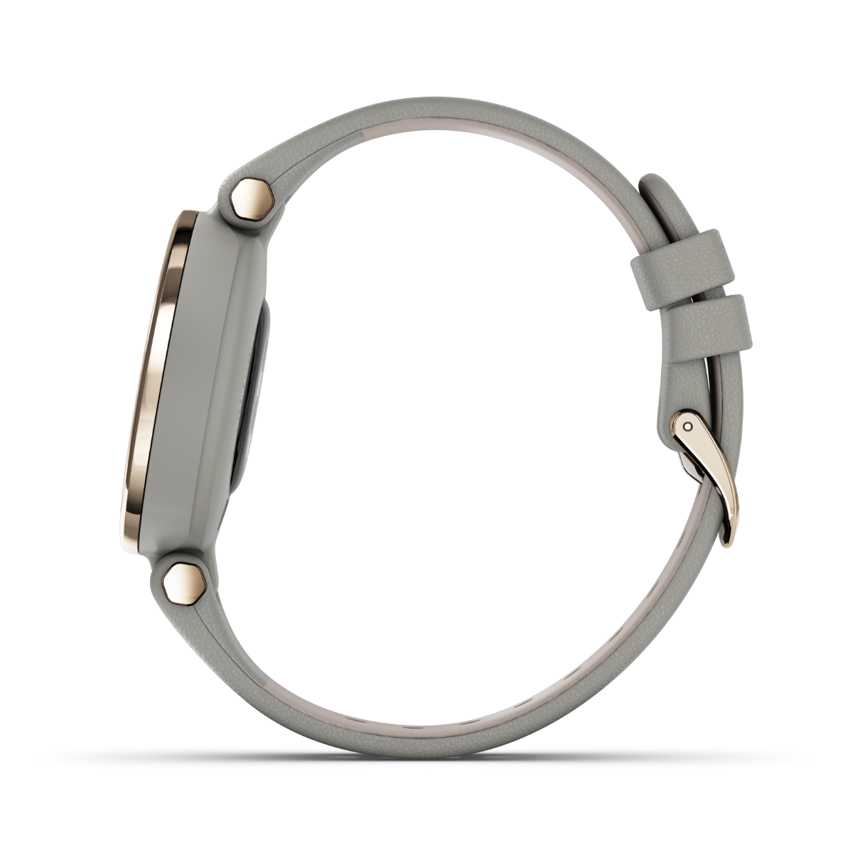 Garmin Lily Classic Edition smartwatch with cream-gold bezel, Braloba gray case, and Italian leather band