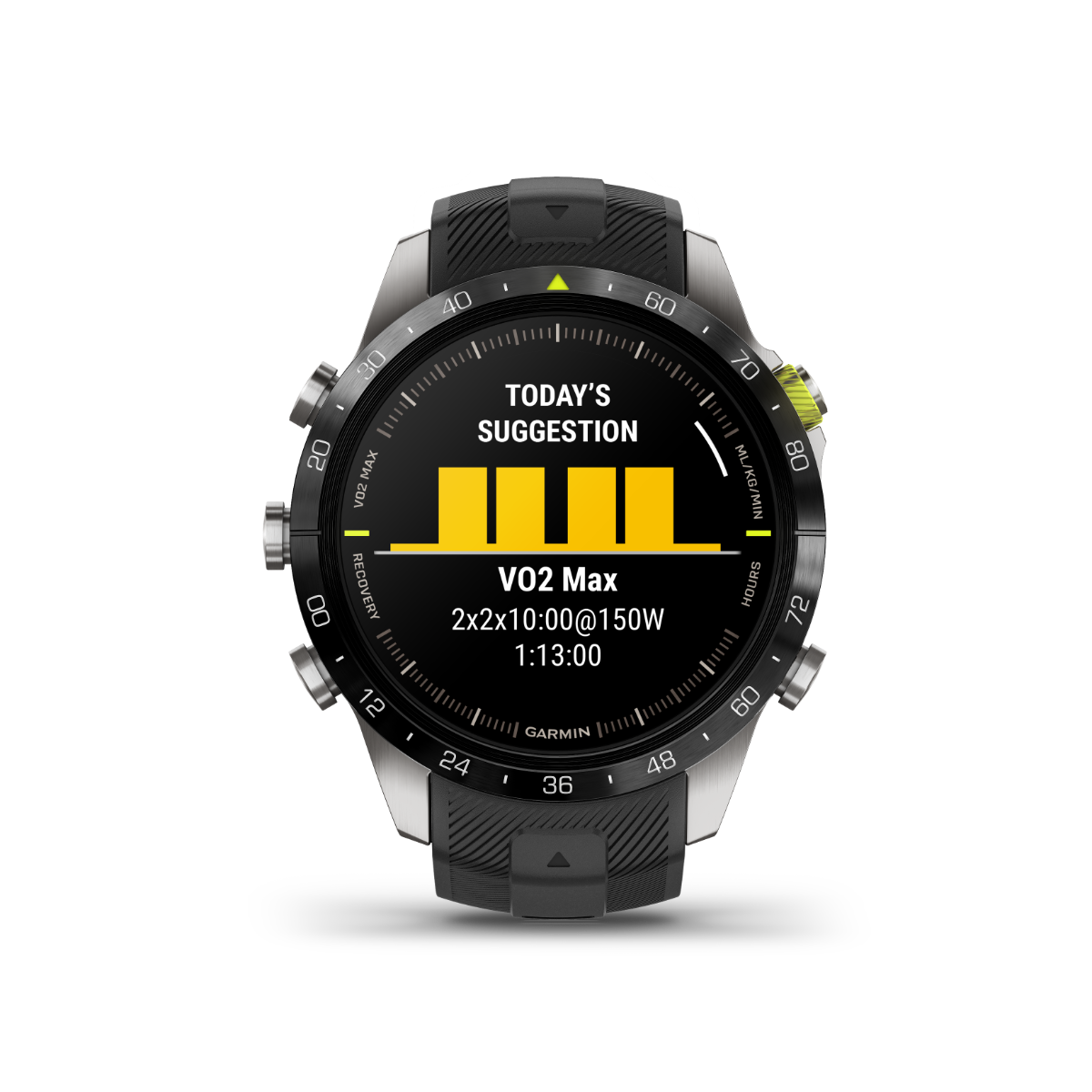 Garmin MARQ Athlete Gen 2 smart watch with black bezel and silicone strap; displays VO2 Max suggestion on screen