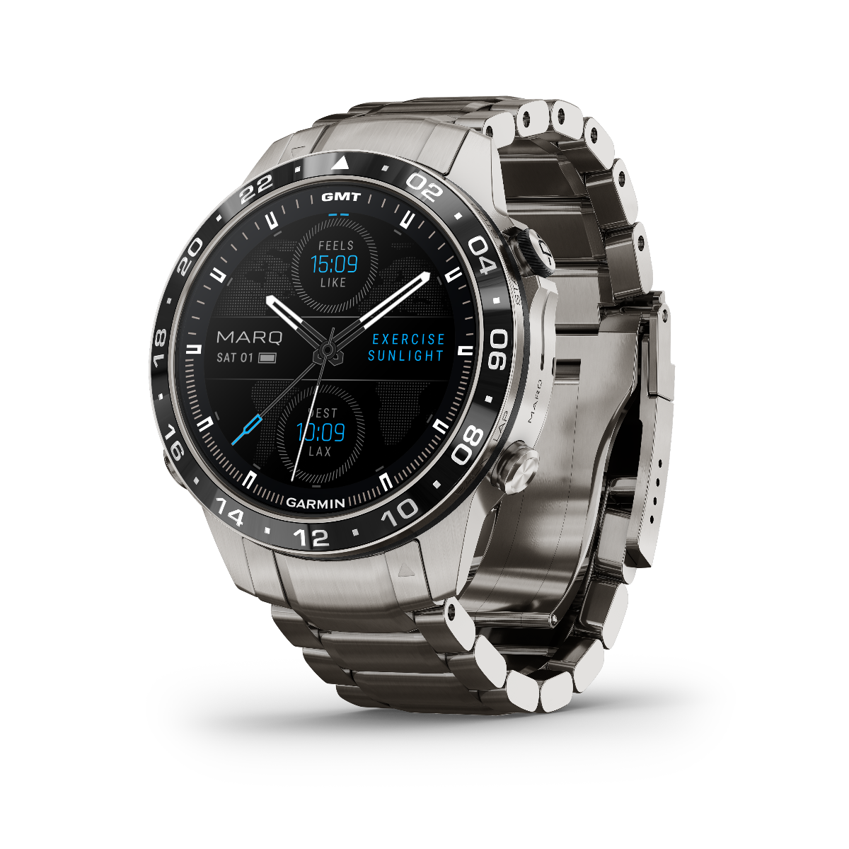 Garmin Marq Aviator Gen 2 luxury tool watch with silver stainless steel case and bracelet