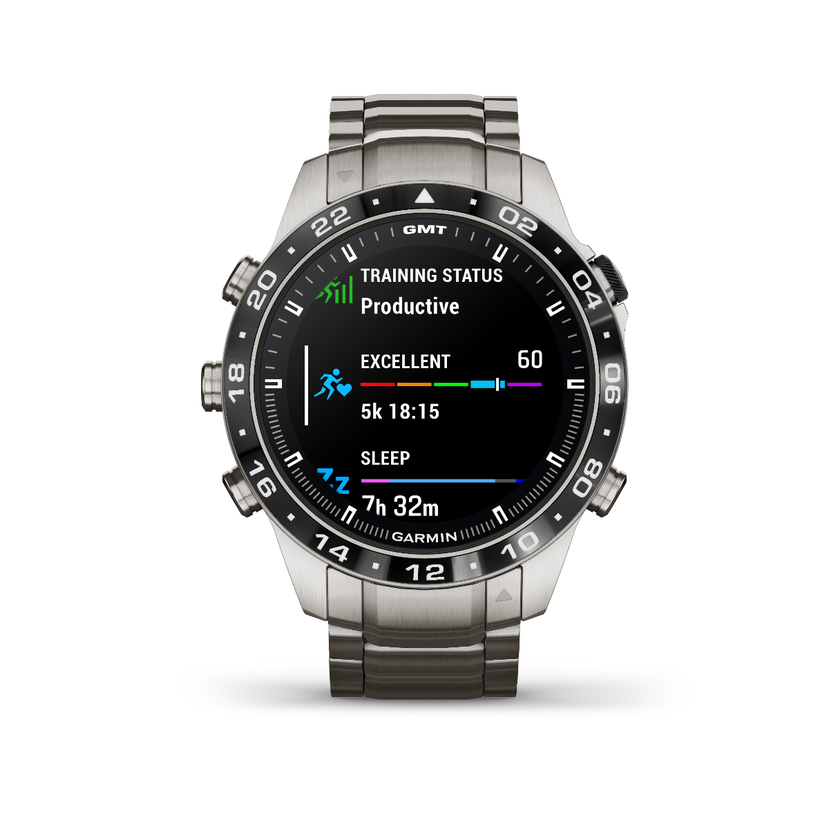 Garmin Marq Aviator Gen 2 stainless steel smart watch, black dial with GMT bezel, metal bracelet, premium Garmin design