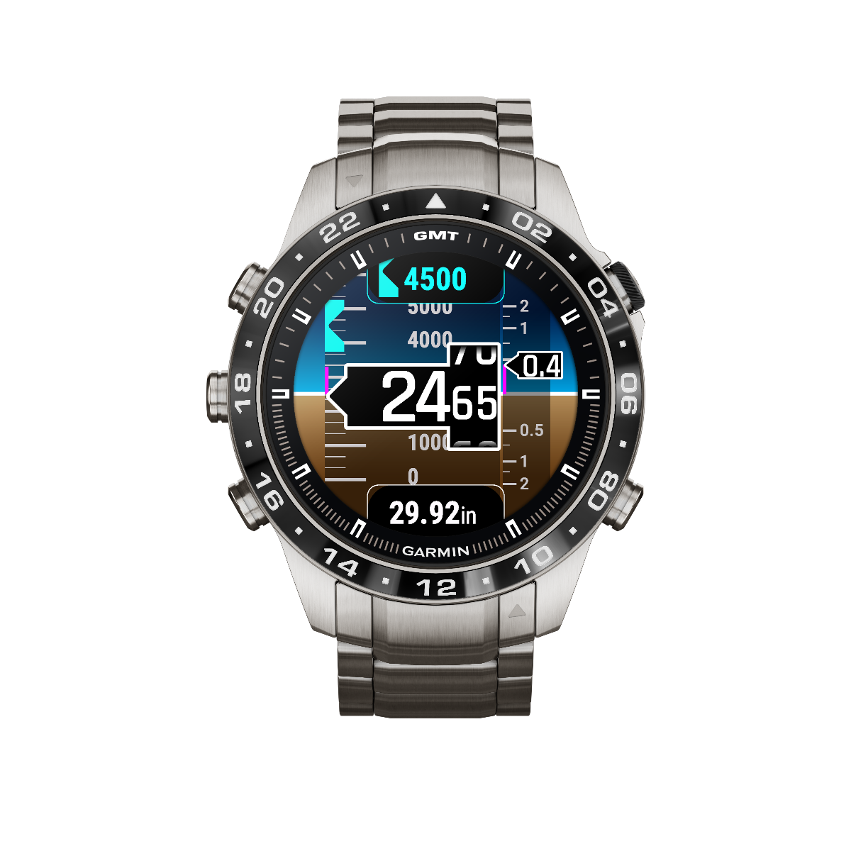 Garmin Marq Aviator Gen 2 stainless steel luxury tool watch with black bezel and metal bracelet