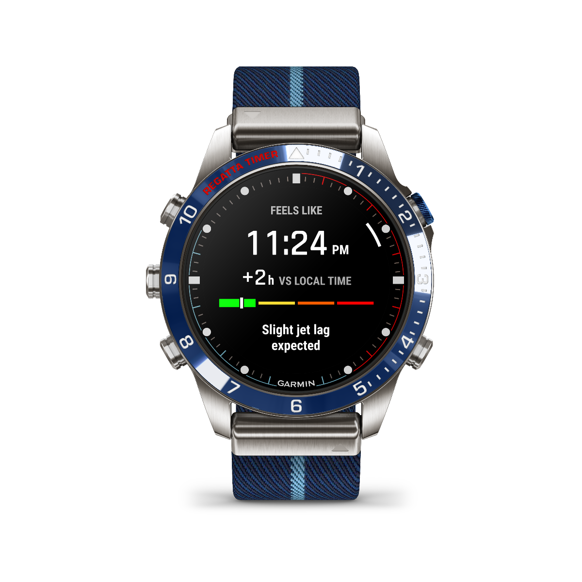 Garmin Captain Gen 2 luxury tool smartwatch with blue bezel and navy striped strap