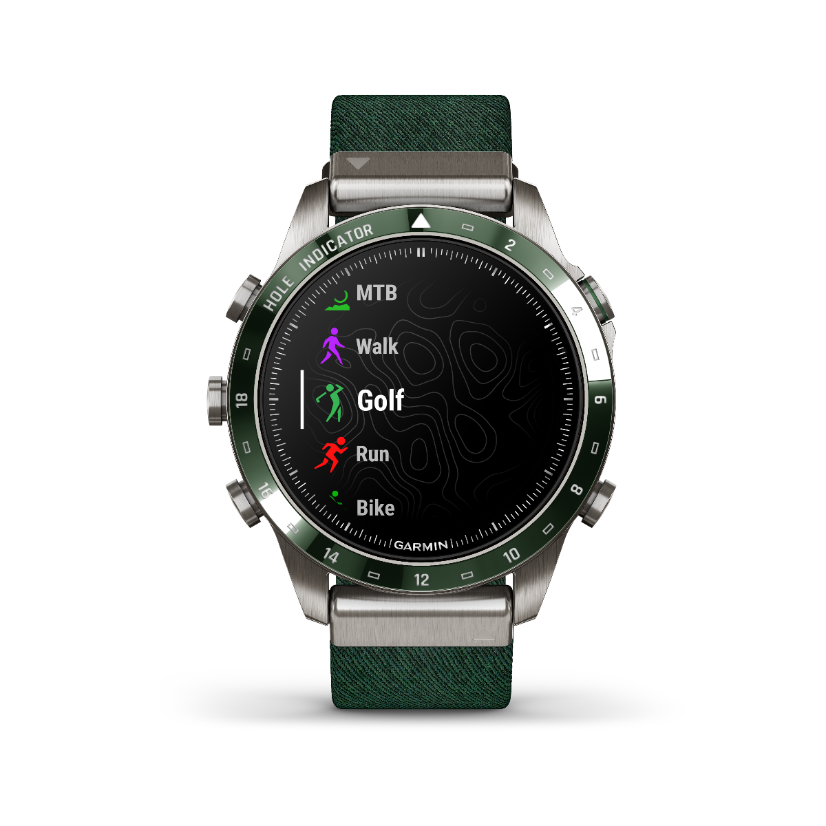 Garmin MARQ Golfer Gen 2 smartwatch with green strap and stainless steel case