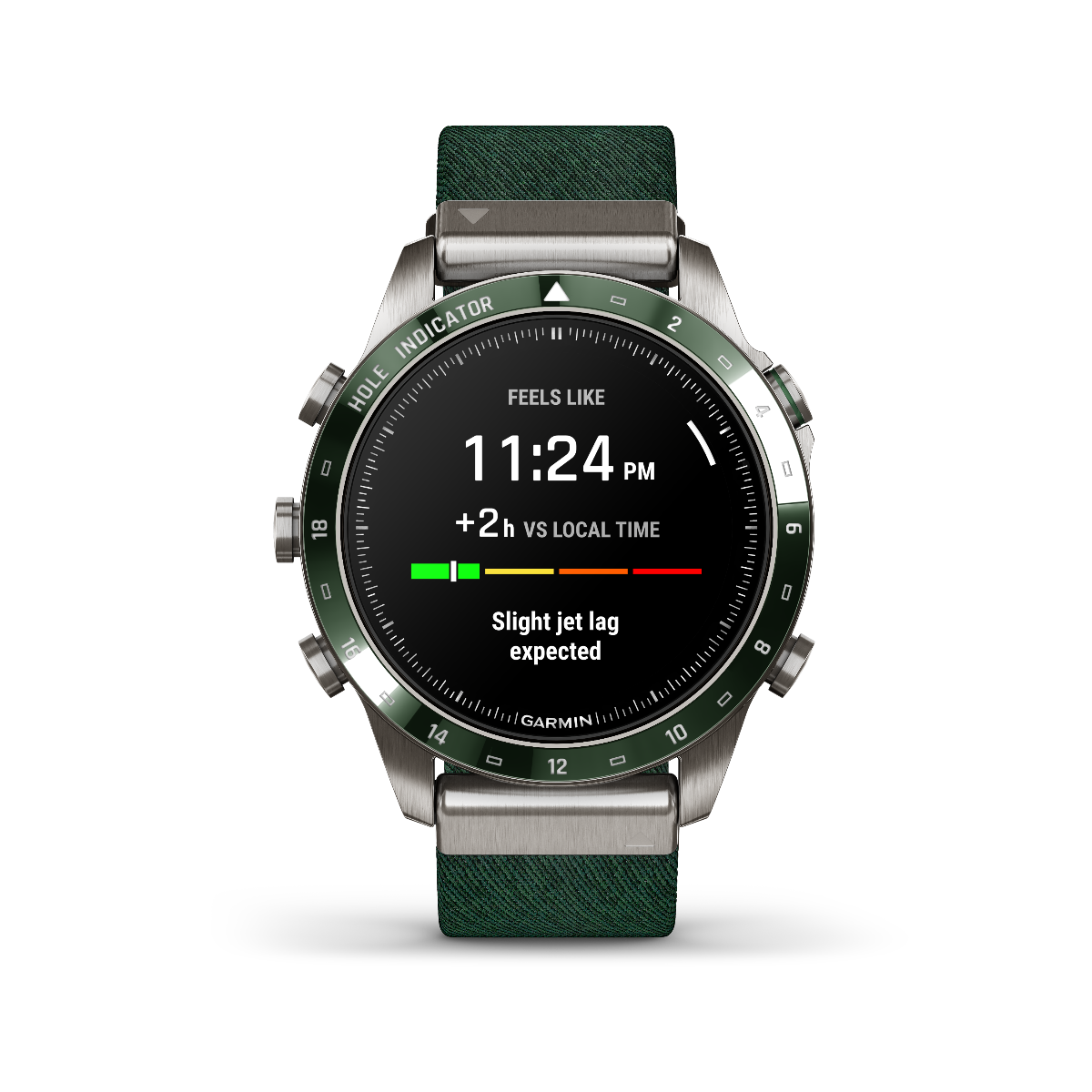 Garmin MARQ Golfer Gen 2 smartwatch with green bezel and fabric strap