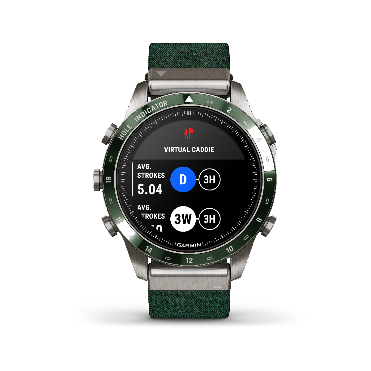 Garmin MARQ Golfer Gen 2 smartwatch with green bezel and fabric strap