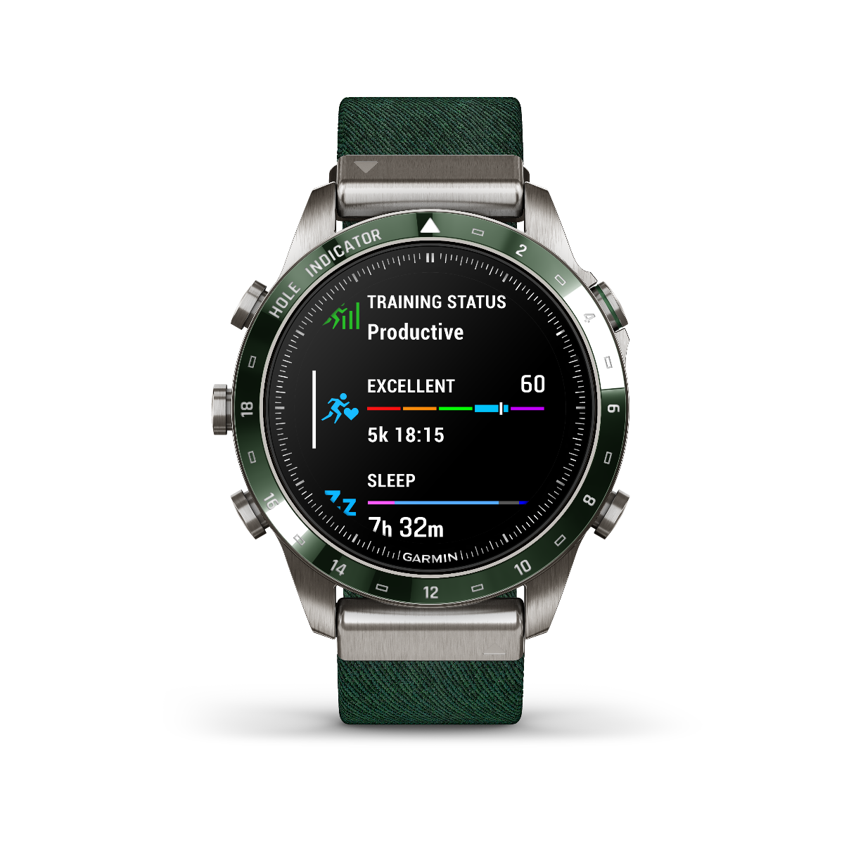 Garmin MARQ Golfer Gen 2 smartwatch with green bezel and green fabric strap
