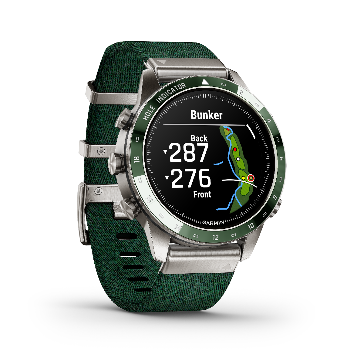 Garmin MARQ Golfer Gen 2 smartwatch with a green textile strap and stainless steel case, golf map display