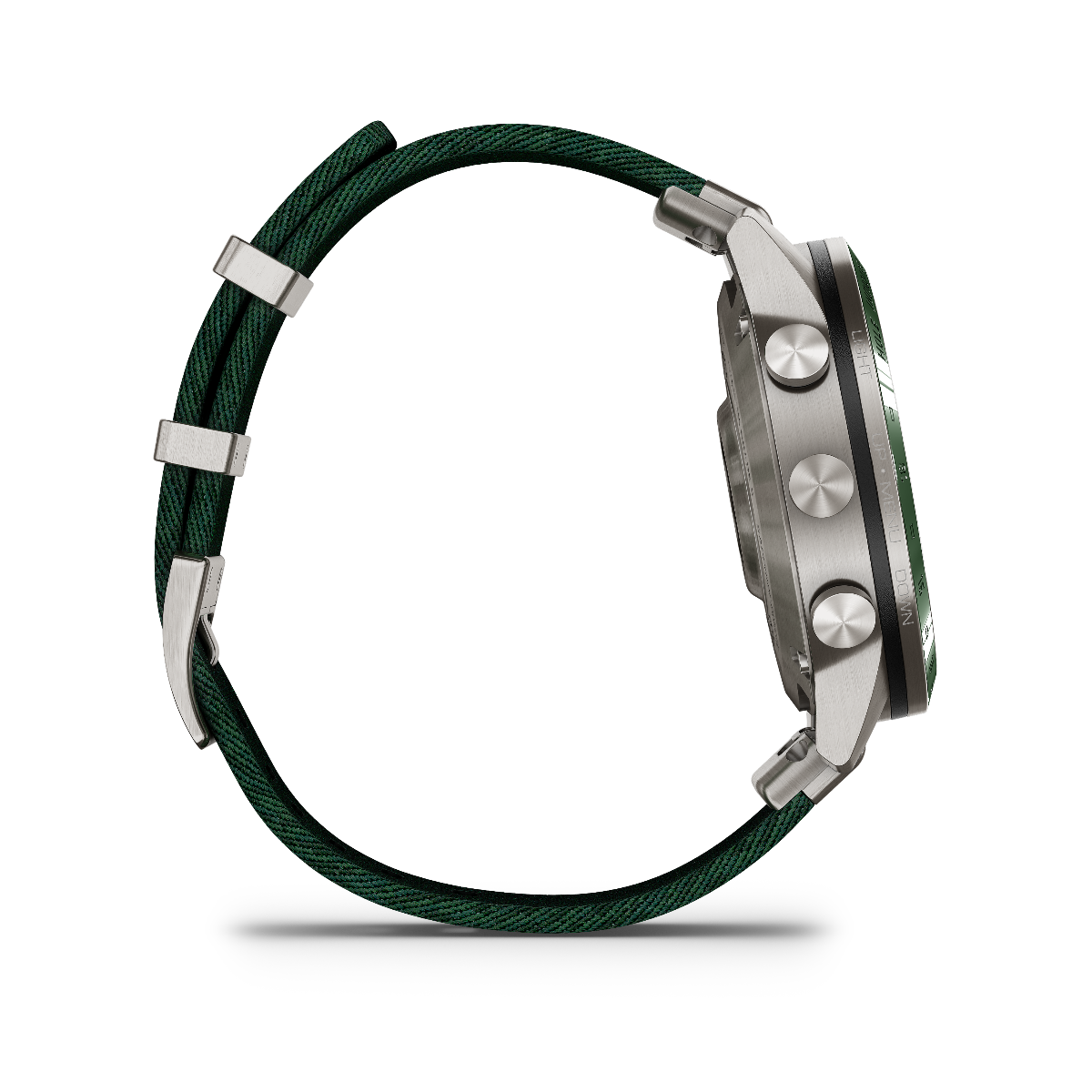 Garmin MARQ Golfer Gen 2 smartwatch with green braided strap and stainless steel case