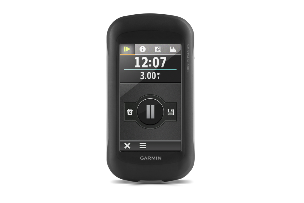 Garmin Montana 680t handheld GPS with touchscreen, refurbished black unit with TOPO maps