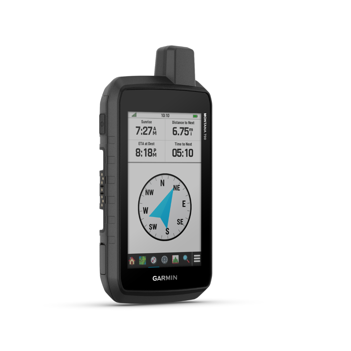 Garmin Montana 700 handheld GPS with touchscreen in rugged black housing featuring TOPO maps