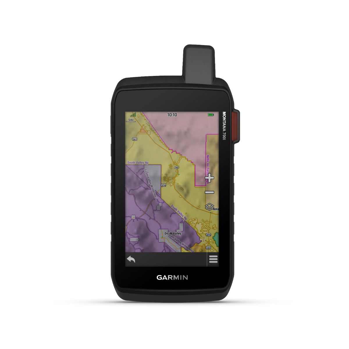 Garmin Montana 700i handheld GPS with touchscreen, black body and TOPO maps on screen
