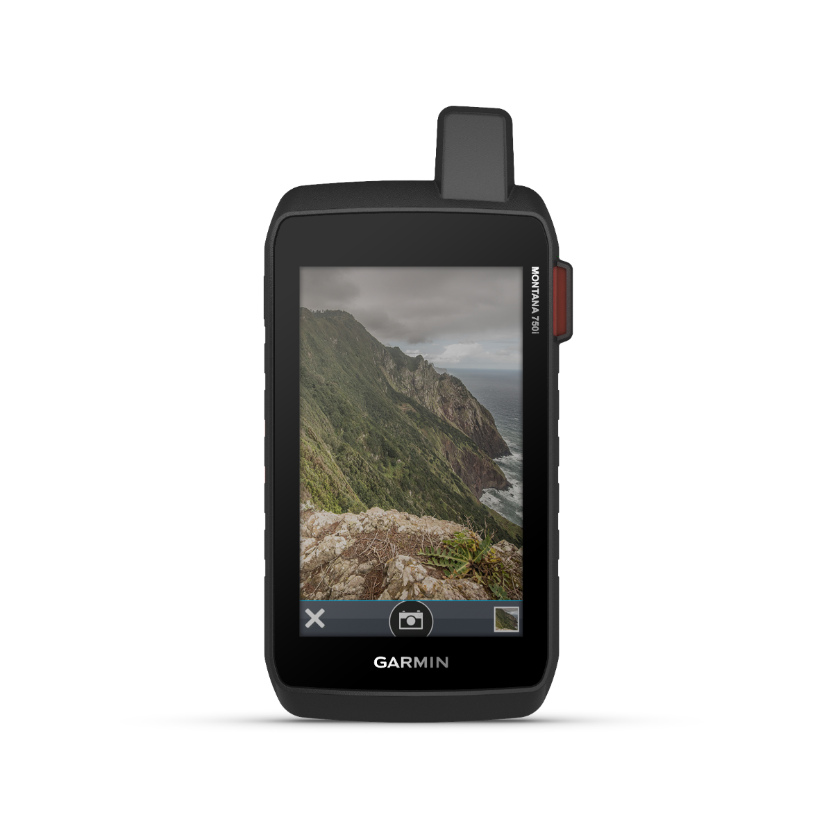 Garmin Montana 750i handheld GPS with touchscreen, black rugged case; TOPO maps included, displays coastal cliff photo